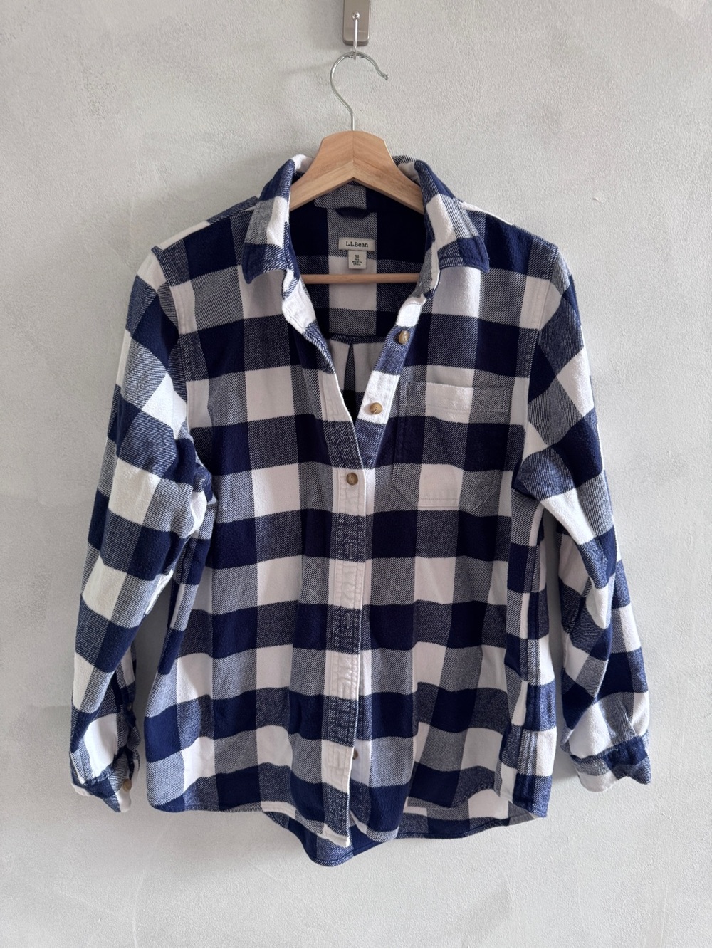L.L. Bean - Navy and White Buffalo Check Flannel Button-Down - Size M